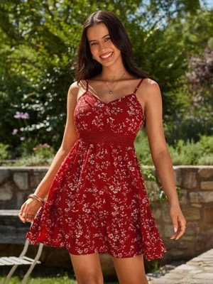 Arben Boutique Kadın Ip Askılı V Yakalı Kısa Desenli Süprem Elbise