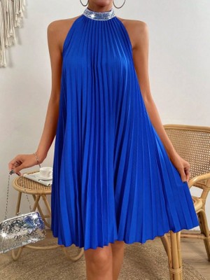 Arben Boutique Kadın Balıkçı Yaka Omuzlardan Açık Pılelı Kısa Janjan Krep Elbise