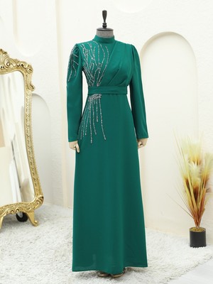 Modamorfo Omuzu Taşlı Kemerli Krep Elbise -Zümrüt