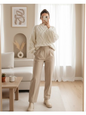 Modamorfo Yarım Boğazlı Balon Kol Kışlık Kazak       -Beyaz