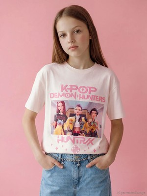 LC Waikiki Lcw Kids Ekru K-Pop Baskılı Kız Çocuk Tişört