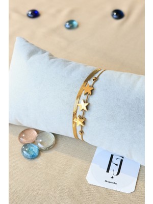 First Jewelry Italyan Zincir Yıldız Detaylı Gold Çelik Bileklik