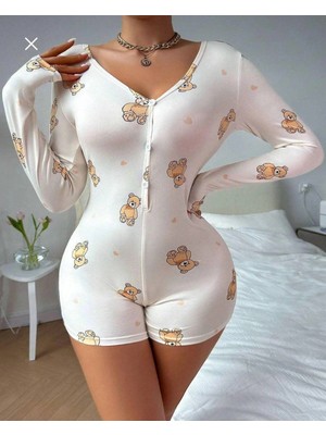 Pamuklu Beyaz Ayıcık Desenli Düğmeli Uzun Kol Tulum Pijama