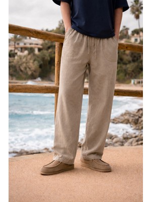 Damga Erkek Relax Fit Yazlık Salaş Bej Keten Pantolon