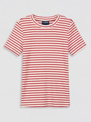 LC Waikiki Lcw Kids Kırmızı Bisiklet Yaka Çizgili Kız Çocuk Tişört