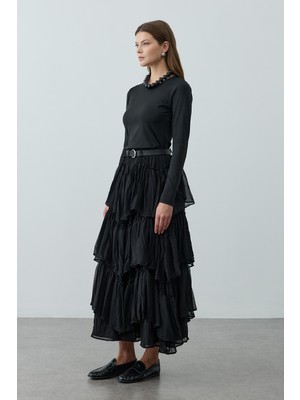 Fahhar Çok Katlı Şifon Etek Siyah