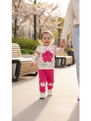 Çiçek Aplikeli Kız Bebek Eşofman Takımı – Uzun Kollu Sweatshirt 2li 1-3 Yaş