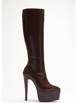 Ayakkabı Ateşi Kadın Sivri Burun Yüksek Topuklu Çizme Carmen Kahverengi Rugan