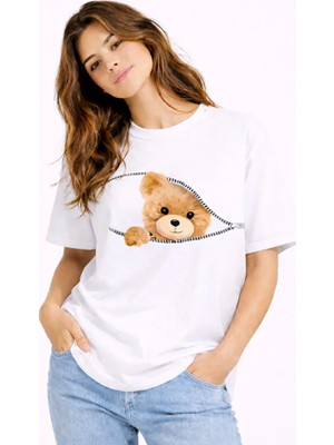 Nevermind Fermuarlı Ayıcık Baskılı Kadın Tişört Oversize Sevimli Teddy Bear Baskılı Pamuk T-Shirt