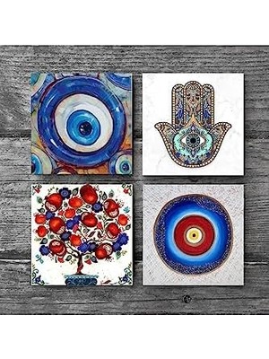 Nazar, Nar Ağacı, Fatma Ana Eli  Taş Bardak Altlığı Seti - 4 Parça - Dekoratif, Rustik Mutfak Aksesuarı, 10X10 Cm, Kaydırmaz Tabanlı, Şık ve Dayanıklı SC370