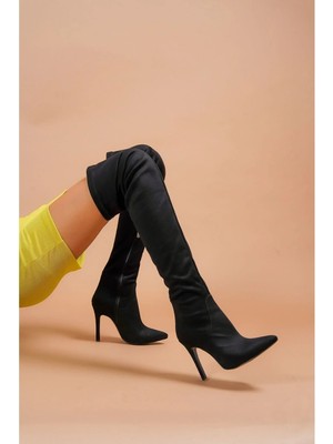 Ayakkabı Ateşi Kadın Siyah Süet Yüksek Ince Topuklu Diz Üstü Kadın Çizme Betty