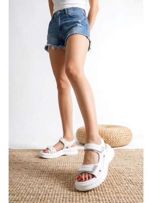 Alfaze Beyaz Cilt Cırt Cırtlı Ortopedik Sandalet Topuk Boyu 5 cm