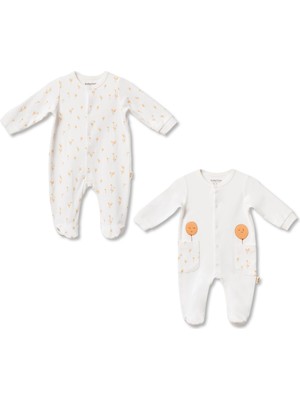 Magu Unisex Bebek Pamuklu Ekru 2'li Patikli Tulum Seti - Desenli ve Cepli