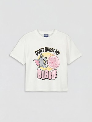 LC Waikiki Lcw Kids Ekru Bisiklet Yaka Tom ve Jerry Baskılı Kız Çocuk Tişört