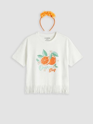 LC Waikiki Lcw Kids Ekru Bisiklet Yaka Baskılı Kız Çocuk Tişört ve Taç