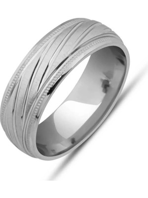 Inure Jewelry Gümüş Kalemli Çizgi Desenli Rodyum Alyans