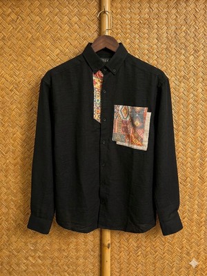 Hasır Cepli Keten Gömlek  Siyah