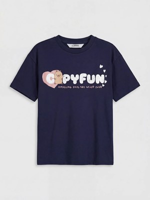 LC Waikiki Lcw Kids Lacivert Bisiklet Yaka Capyfun Baskılı Kız Çocuk Tişört