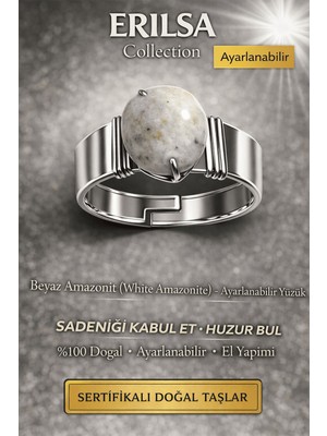 Erilsa Sertifikalı Beyaz Amazonit Doğal Taş Ayarlanabilir Yüzük – Huzur ve Denge Taşı