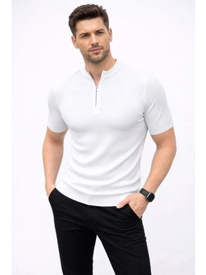 Erkek Kısa Kol Fitilli Triko T-Shirt Yazlık Hakim Yaka Tişört - Beyaz