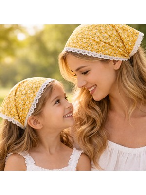 Anne Kız Kombin Bandana – Pamuklu Papatya Desenli Dantelli Bağlamalı Saç Bandı Seti