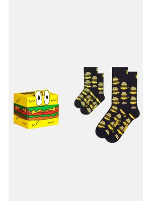 Happy Socks - Mini & Me Hamburger Desenli 2\\\'li Baba Oğul Çorap Hediye Seti 41-46/2-3 Yaş