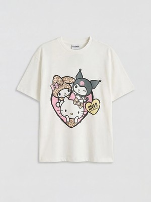 LC Waikiki Lcw Kids Ekru Bisiklet Yaka Hello Kitty Baskılı Kız Çocuk Tişört