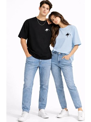 Nevermind Sevgili Kombini Minimal Uzay Gezegen Baskılı Çift Tişört Oversize Unisex Partner Tişört 2'li Set