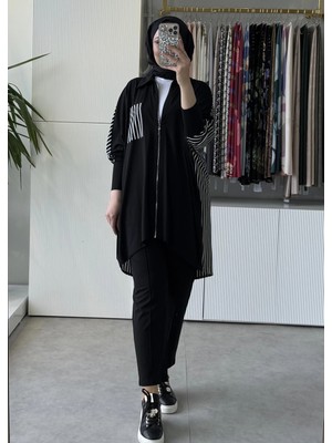 Tığ Triko Önden Fermuarlı Sırtı Çizgi Desenli Tunik Pantolon Takım 5090 Siyah