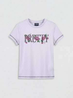 LC Waikiki Lcw Eco Lila Bisiklet Yaka Baskılı Kız Çocuk Tişört