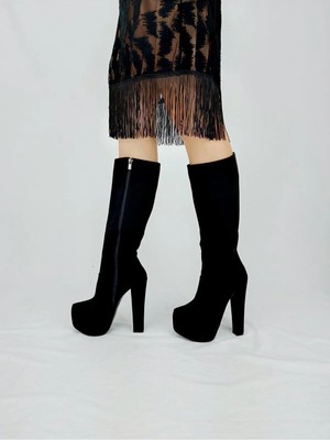 Ayakkabı Ateşi Loli Fermuarlı Siyah Süet Yüksek Topuklu Kadın Çizme