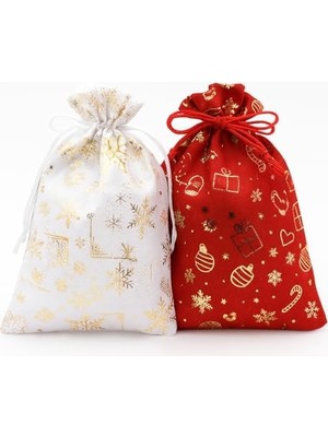 2’li Set 17X23 cm Yılbaşı Hediye Kesesi – Kırmızı & Beyaz Altın Yaldızlı Temalı Kumaş Çanta | Yılbaşı Hediye Paketi Kesesi