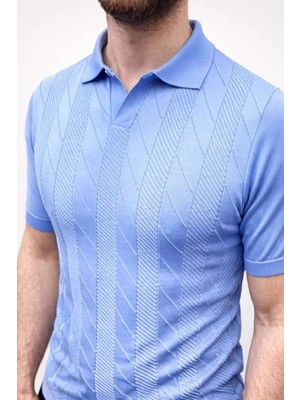 Erkek Yazlık Triko Dokuma Tişört Kısa Kol Polo Yaka T-Shirt - Bebek Mavisi