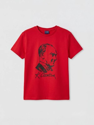 LC Waikiki Lcw Kids Kırmızı Bisiklet Yaka Atatürk Baskılı Kız Çocuk Tişört