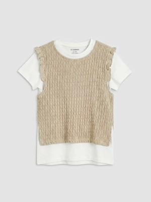 LC Waikiki Lcw Kids Ekru Bisiklet Yaka Fırfırlı Kız Çocuk Tişört