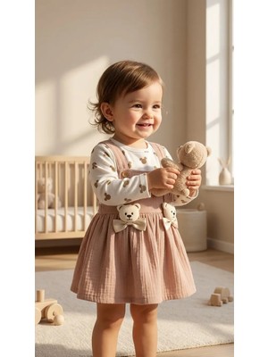 Ayıcık Figürlü Müslin Dokulu Kız Bebek Jile Elbise-1-3 Yaş