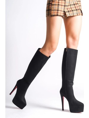 Ayakkabı Ateşi Siyah Süet Platform Özel Tasarım Ince Topuklu Kadın Ayakkabı Carmen