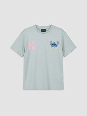 LC Waikiki Lcw Kids Gri Bisiklet Yaka Stitch Baskılı Kız Çocuk Tişört