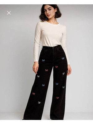 Butik Fiyonk Nakışlı Y2K Baggy Jean Pantolon