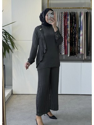 Tığ Triko Metal Tokalı Fular Detaylı Pantolonlu Takım 5082 Antrasit