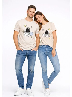 Nevermind Sevgili Kombini Astronot Baskılı Çift Tişört Oversize Unisex Partner Tişört 2’li Set