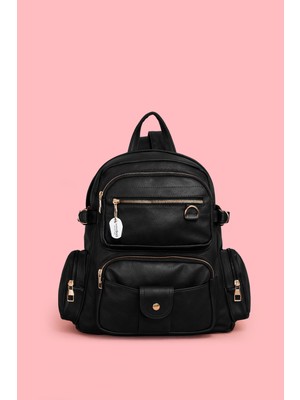 Westbag Kadın Suni Deri Siyah Çok Gözlü Sırt Çantası