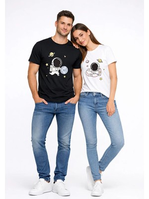 Nevermind Sevgili Kombini Astronot Baskılı Çift Tişört Oversize Unisex Partner Tişört 2’li Set