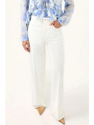Hiccup Kadın Geniş Paça Raw Kot Pantolon Beyaz