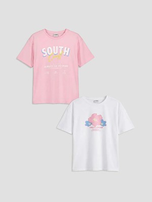 LC Waikiki Lcw Kids Pembe Bisiklet Yaka Baskılı Kız Çocuk Tişört 2'li