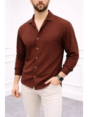 Antakya Yöresi Erkek Aerobin Kumaş Oversize 4 Mevsim Uzun Kollu Rahat Kalıp Gömlek - Kahverengi