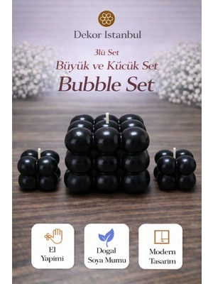 Dekor İstanbul Bubble Mum 3’lü Set Siyah | El Yapımı Doğal Soya Mumu | Dekoratif Büyük Küçük Mum