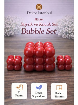 Dekor İstanbul Bubble Mum 3’lü Set Kırmızı | El Yapımı Doğal Soya Mumu | Dekoratif Büyük Küçük Mum