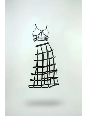 Siyah Etek Suni Deri Etek Kafes Detaylı Etek Midi Boy Deri Etek - BRF1013