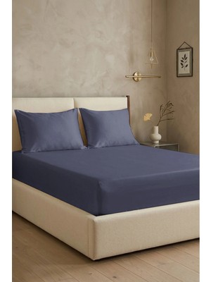 First Choice %100 Pamuk Saten 200 Tc (80 Tel) Lastikli Çarşaf Seti Koyu Mavi